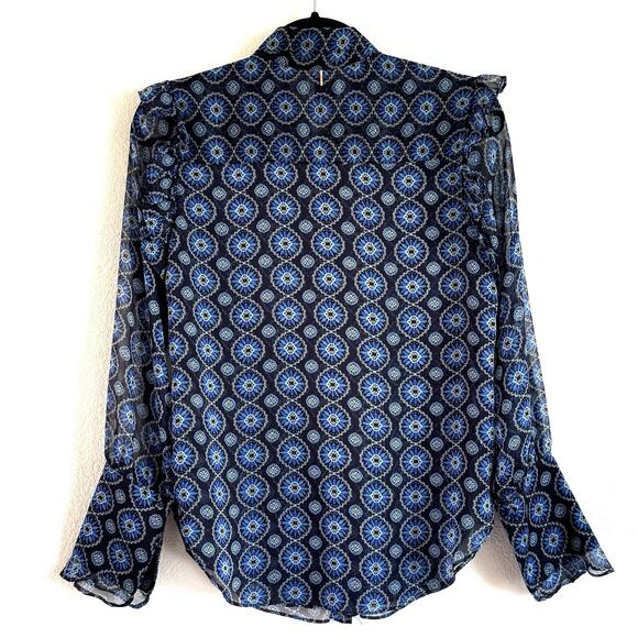 MISA Los Angeles Sheer Anita Button Front Blouse Top in Blue Valencia Tile - Picture 3 of 12